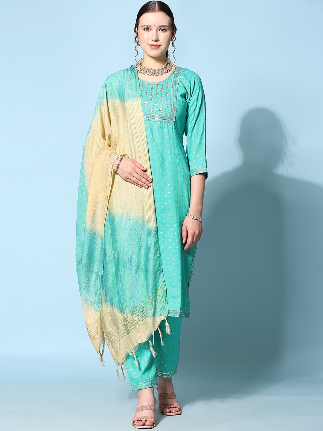 

KALINI Floral Woven Design Sequinned Kurta with Trousers & With Dupatta, Turquoise blue