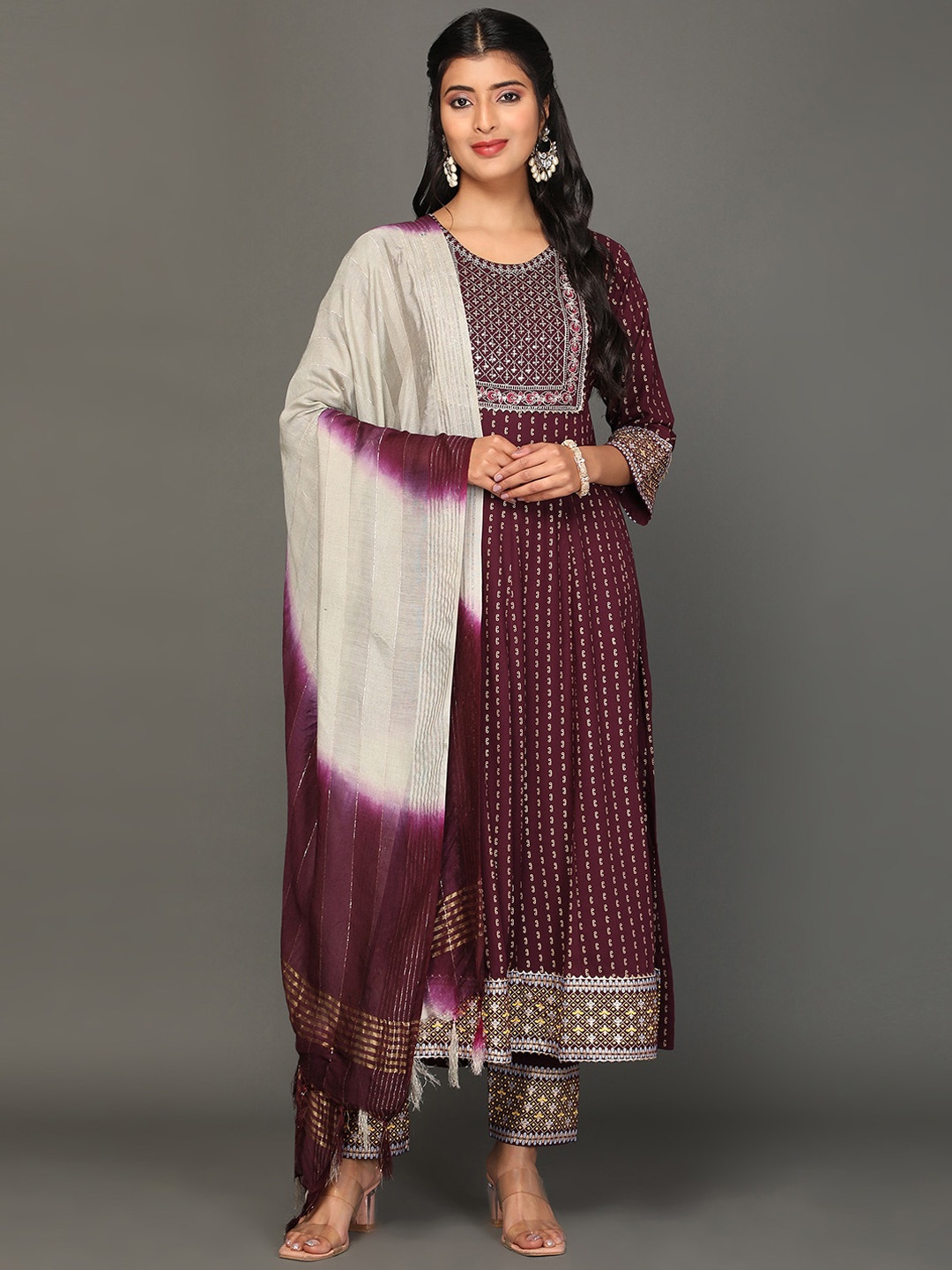 

KALINI Ethnic Motifs Printed Thread Work Regular Kurta with Trousers & Dupatta, Brown