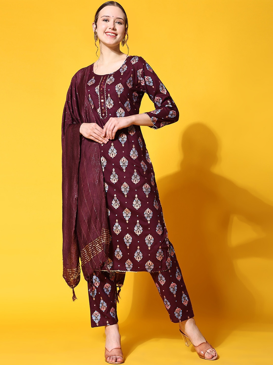 

KALINI Ethnic Motifs Printed Kurta with Trousers & Dupatta, Brown