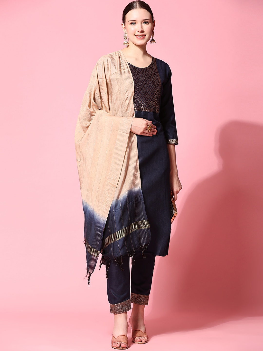 

KALINI Yoke Design Regular Kurta with Trousers & Dupatta, Navy blue