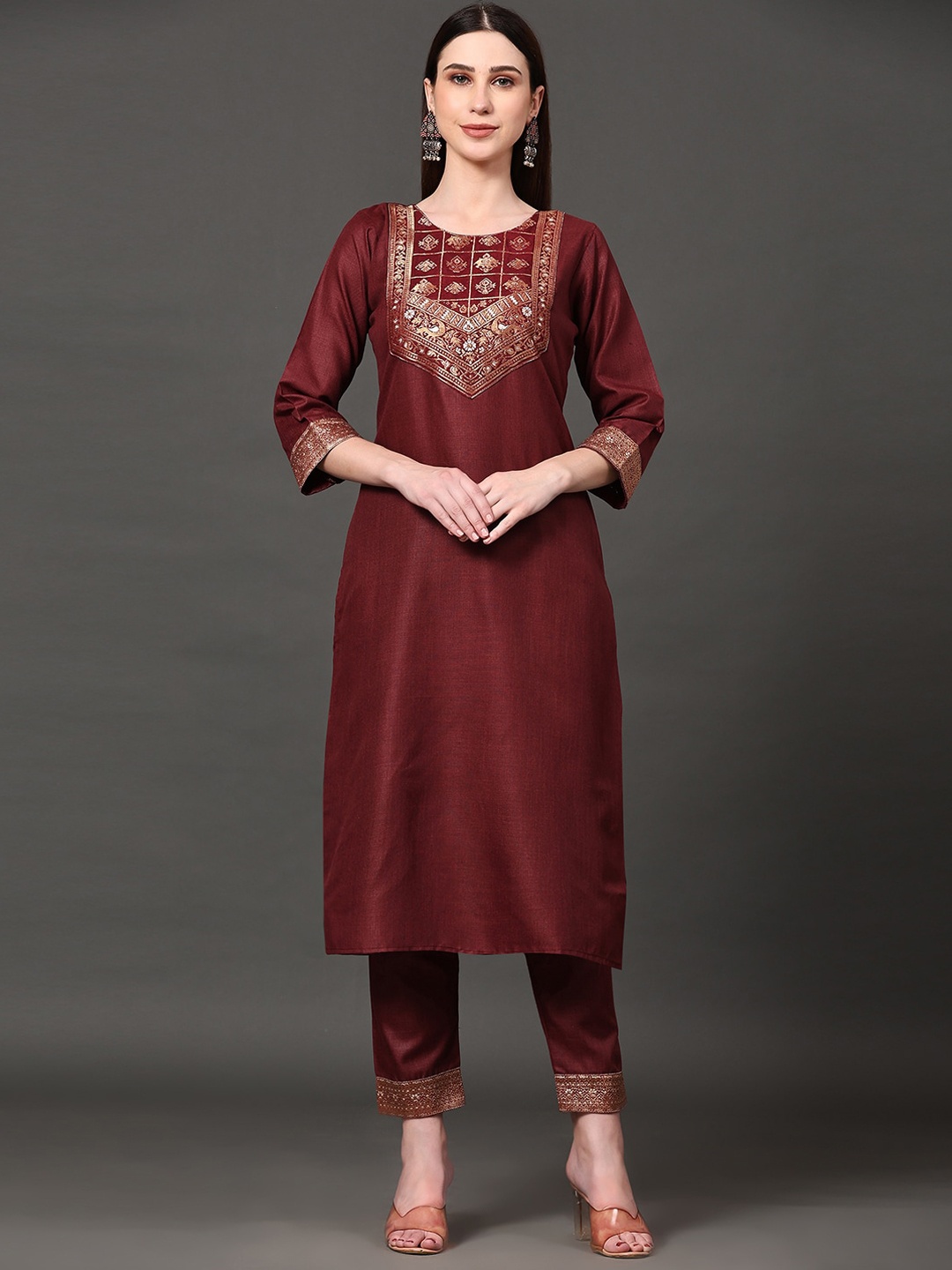 

KALINI Women Ethnic Motifs Yoke Design Thread Work Straight Kurta & Trousers With Dupatta, Maroon