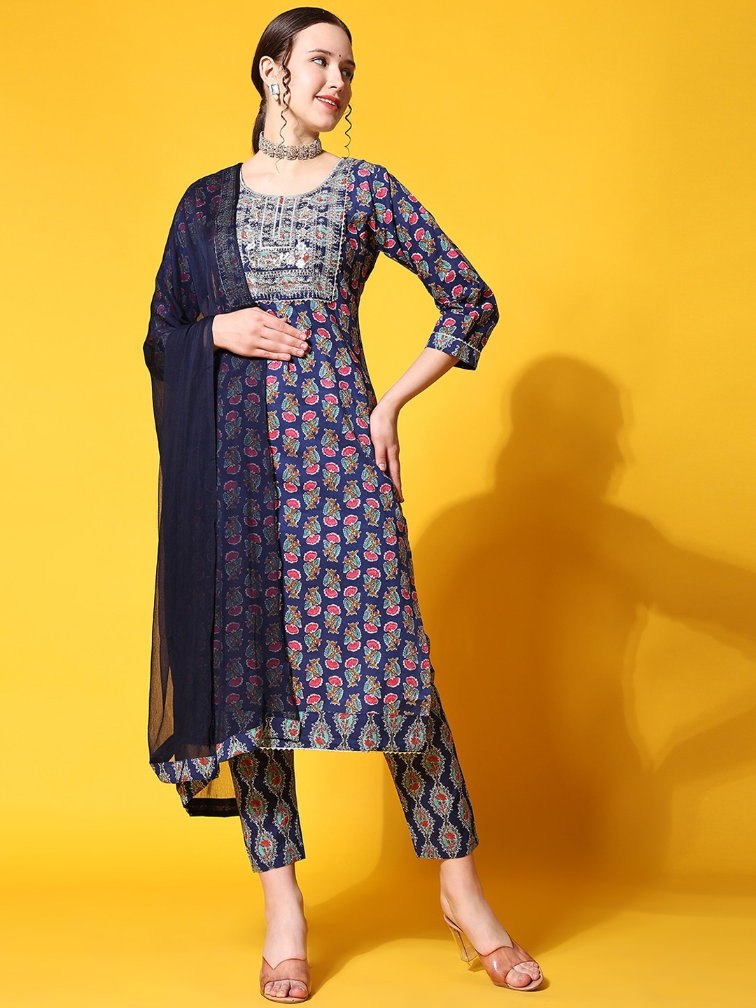 

KALINI Floral Printed Thread Work Regular Kurta with Trousers & With Dupatta, Blue