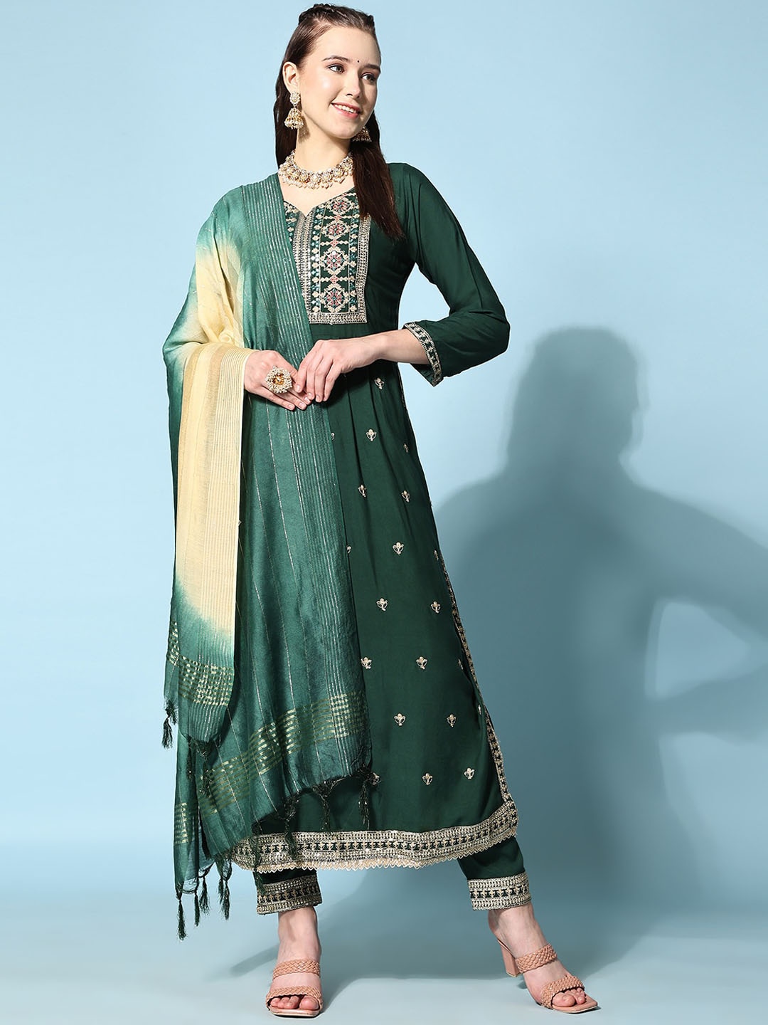 

KALINI Ethnic Motifs Embroidered Kurta With Trousers & Dupatta, Green