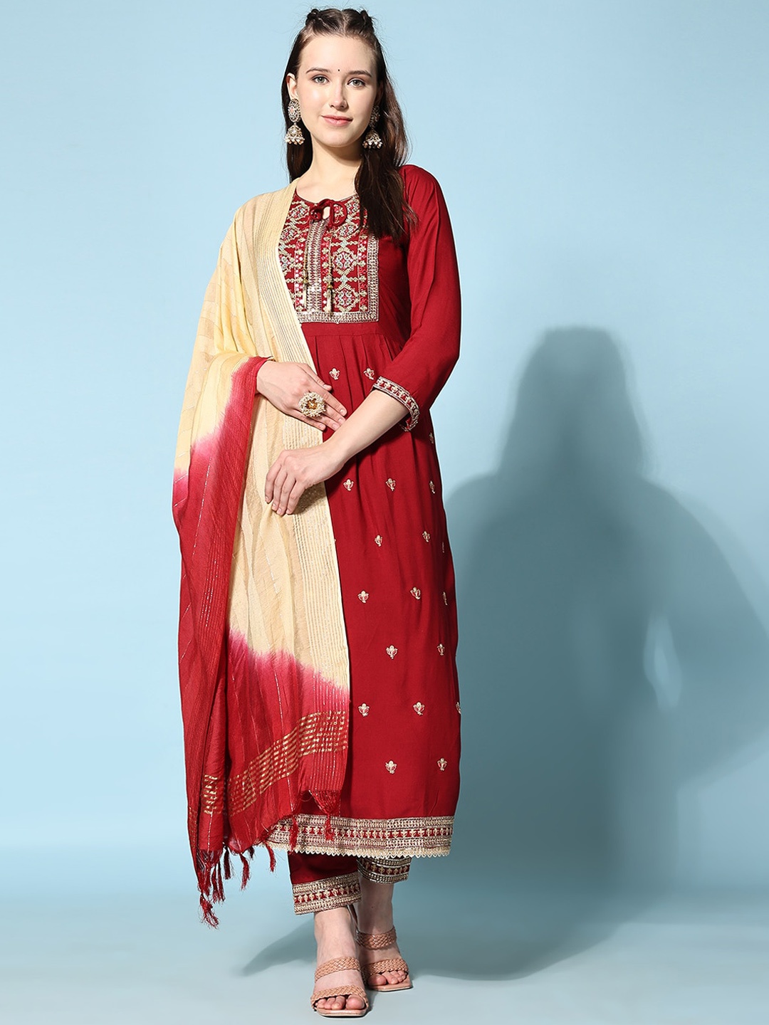 

KALINI Ethnic Motifs Embroidered Pleated Sequinned Kurta & Trousers With Dupatta, Maroon