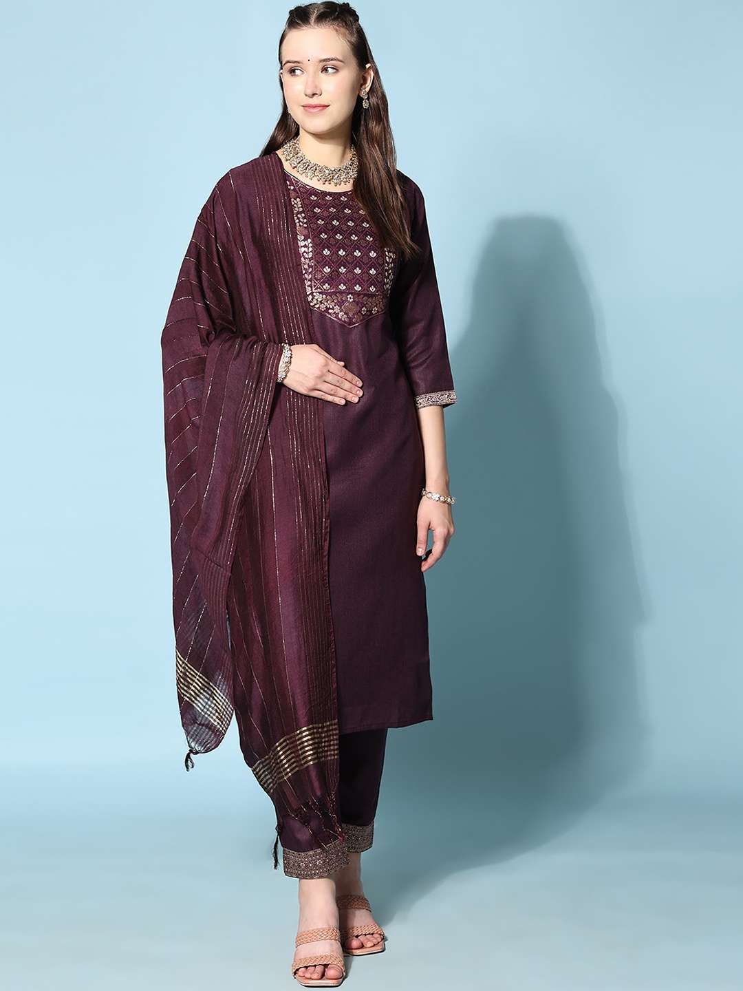 

KALINI Ethnic Motifs Yoke Design Kurta With Trousers & Dupatta, Burgundy