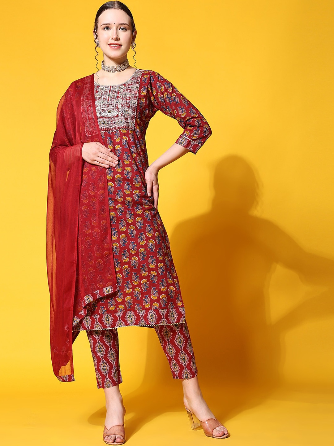 

KALINI Floral Printed Kurta With Trousers & Dupatta, Red