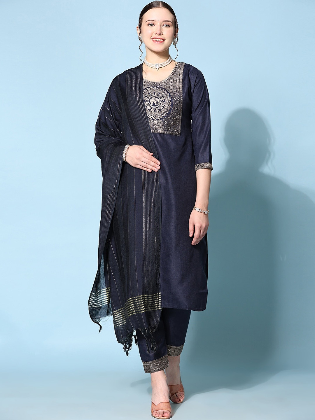 

KALINI Ethnic Motifs Woven Design Pure Silk Kurta & Trousers With Dupatta, Navy blue