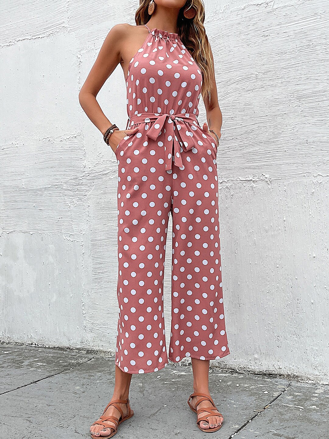 

StyleCast Pink & White Printed Round Neck Basic Jumpsuit