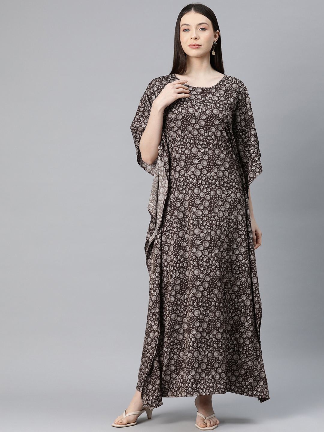 

Cottinfab Printed Kimono Sleeve Crepe Kaftan Maxi Dress, Brown