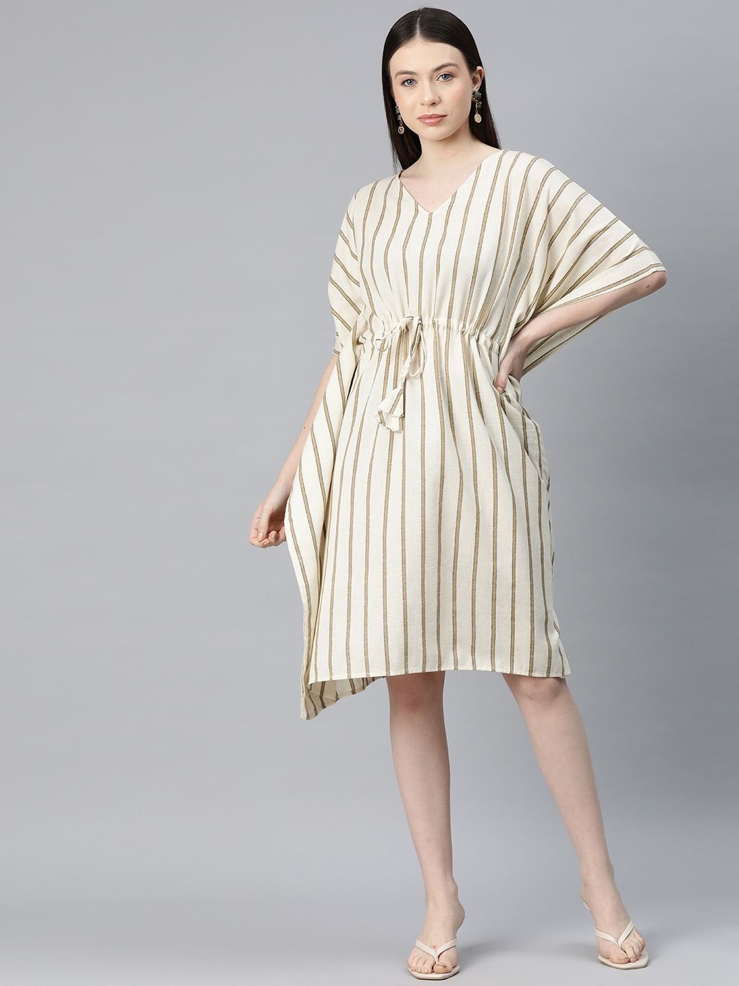 

Cottinfab Striped Kimono Sleeve Cotton Kaftan Dress, White