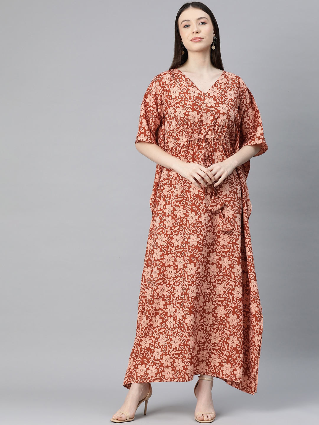 

Cottinfab Floral Print Kimono Sleeve Crepe Kaftan Maxi Dress, Maroon