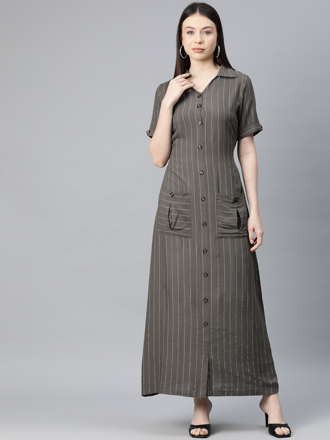 

Cottinfab Striped Shirt Maxi Dress, Grey