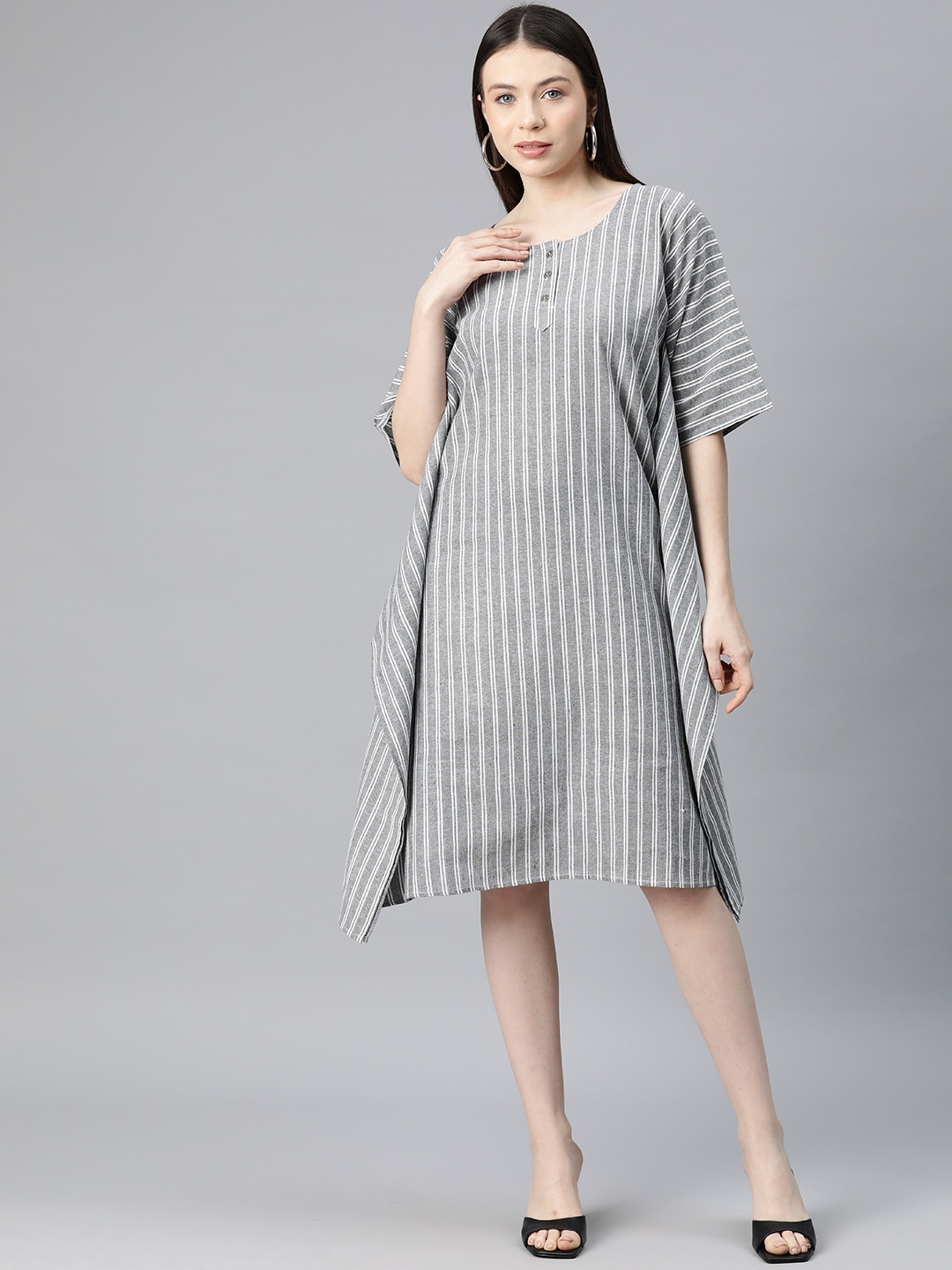 

Cottinfab Striped Kimono Sleeve Cotton Kaftan Midi Dress, Grey