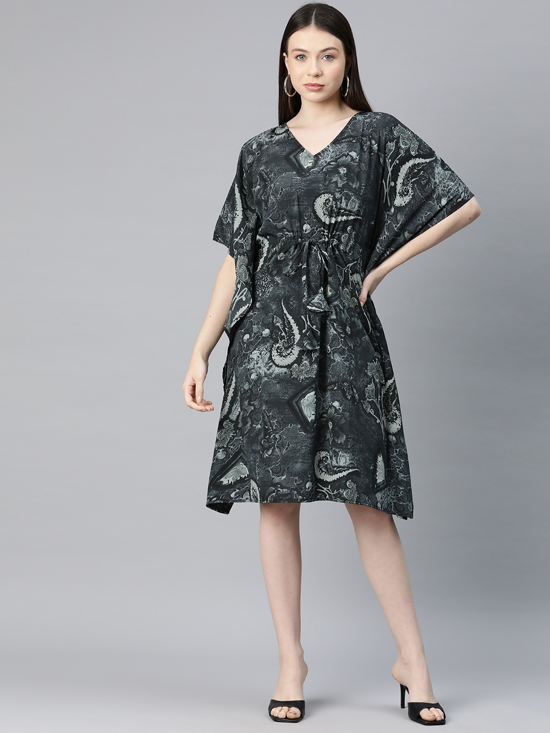 

Cottinfab Floral Print Kimono Sleeve Crepe Kaftan Dress, Black