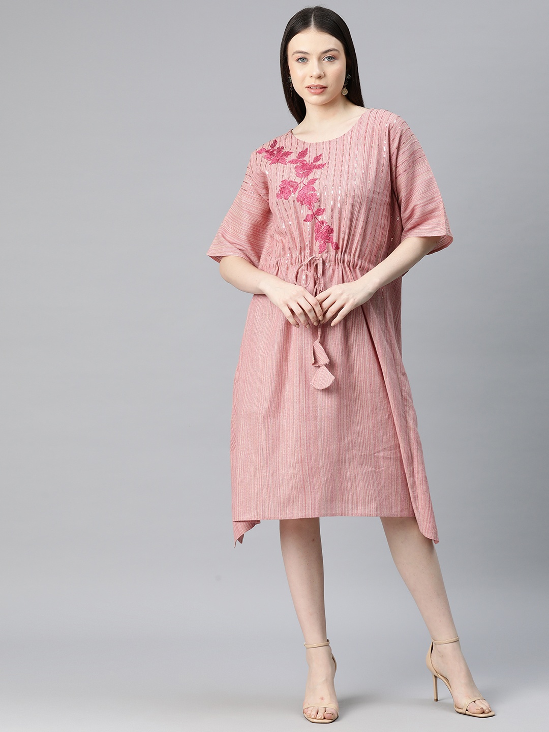 

Cottinfab Floral Embroidered Kimono Sleeve Cotton Kaftan Dress, Pink