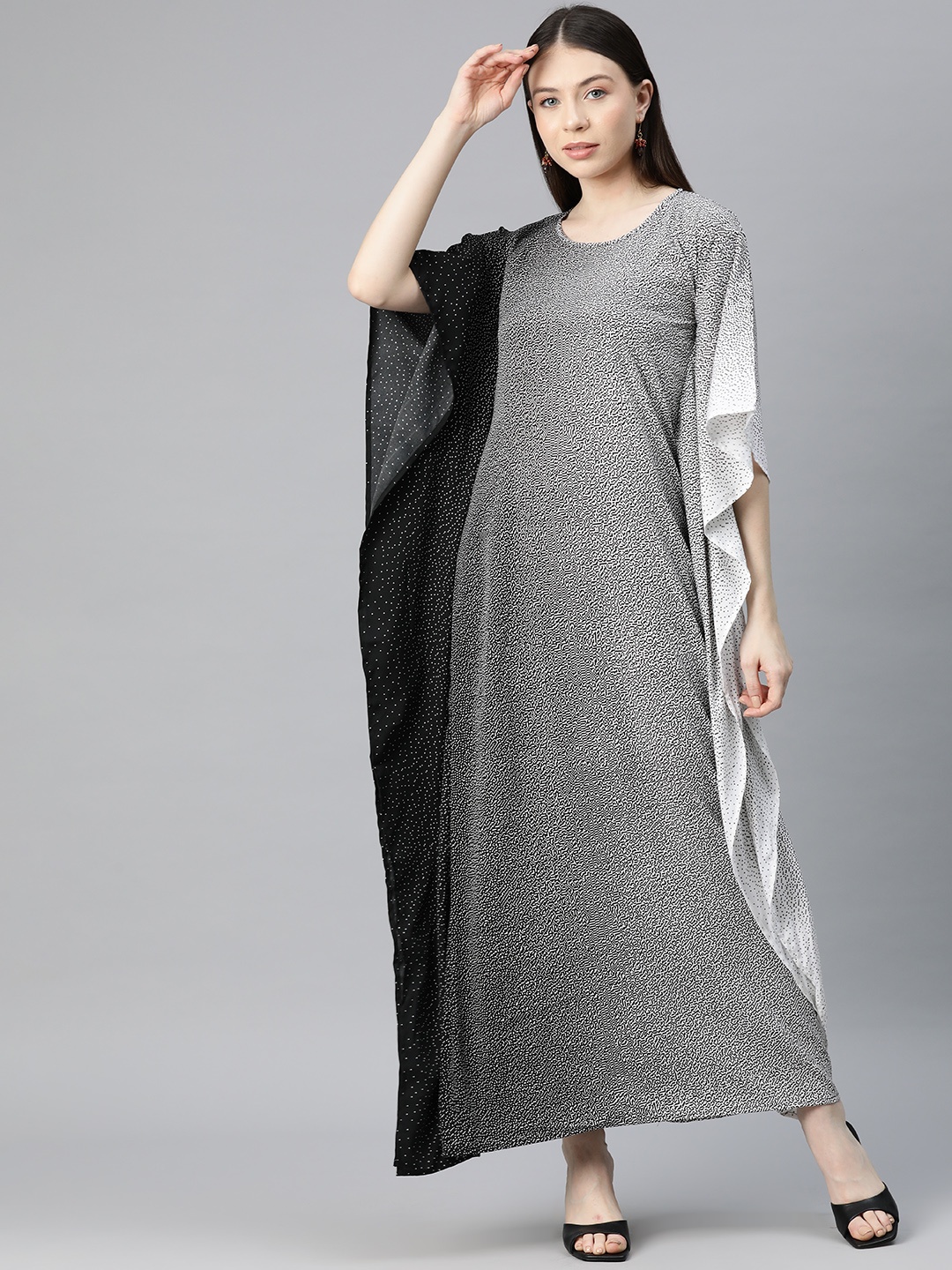 

Cottinfab Printed Kimono Sleeve Crepe Kaftan Maxi Dress, Black