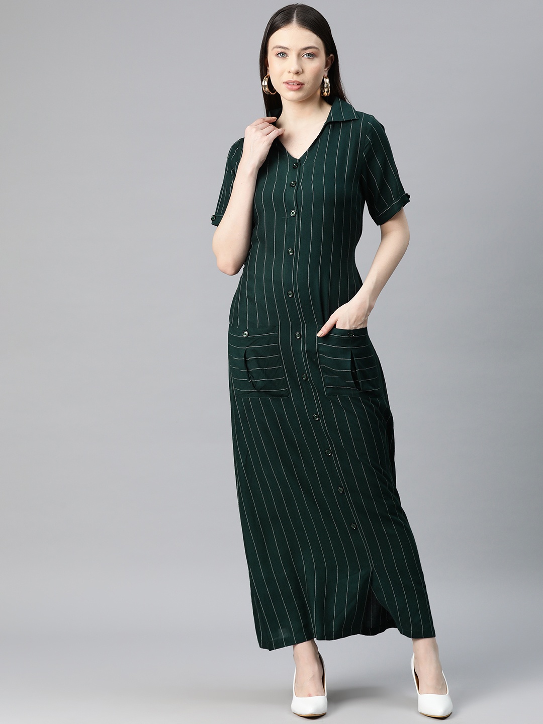 

Cottinfab Striped Shirt Maxi Dress, Green