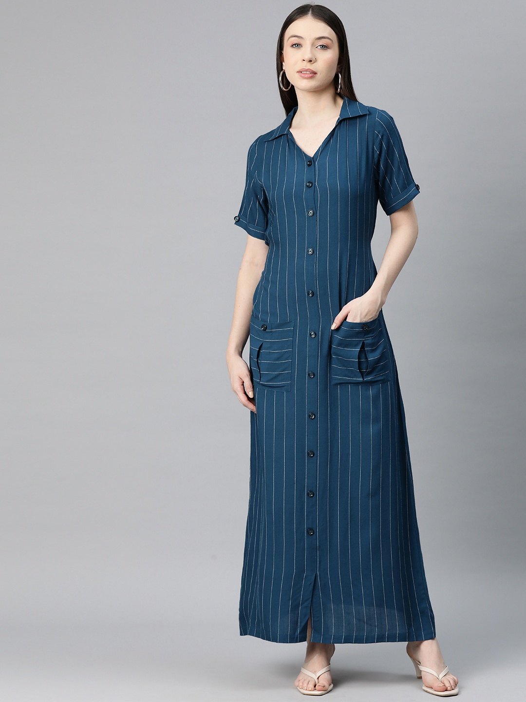 

Cottinfab Striped Shirt Maxi Dress, Teal
