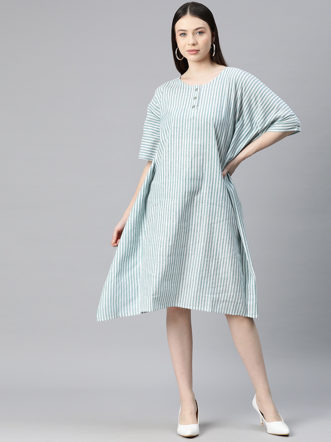 

Cottinfab Striped Kimono Sleeve Kaftan Midi Dress, Sea green