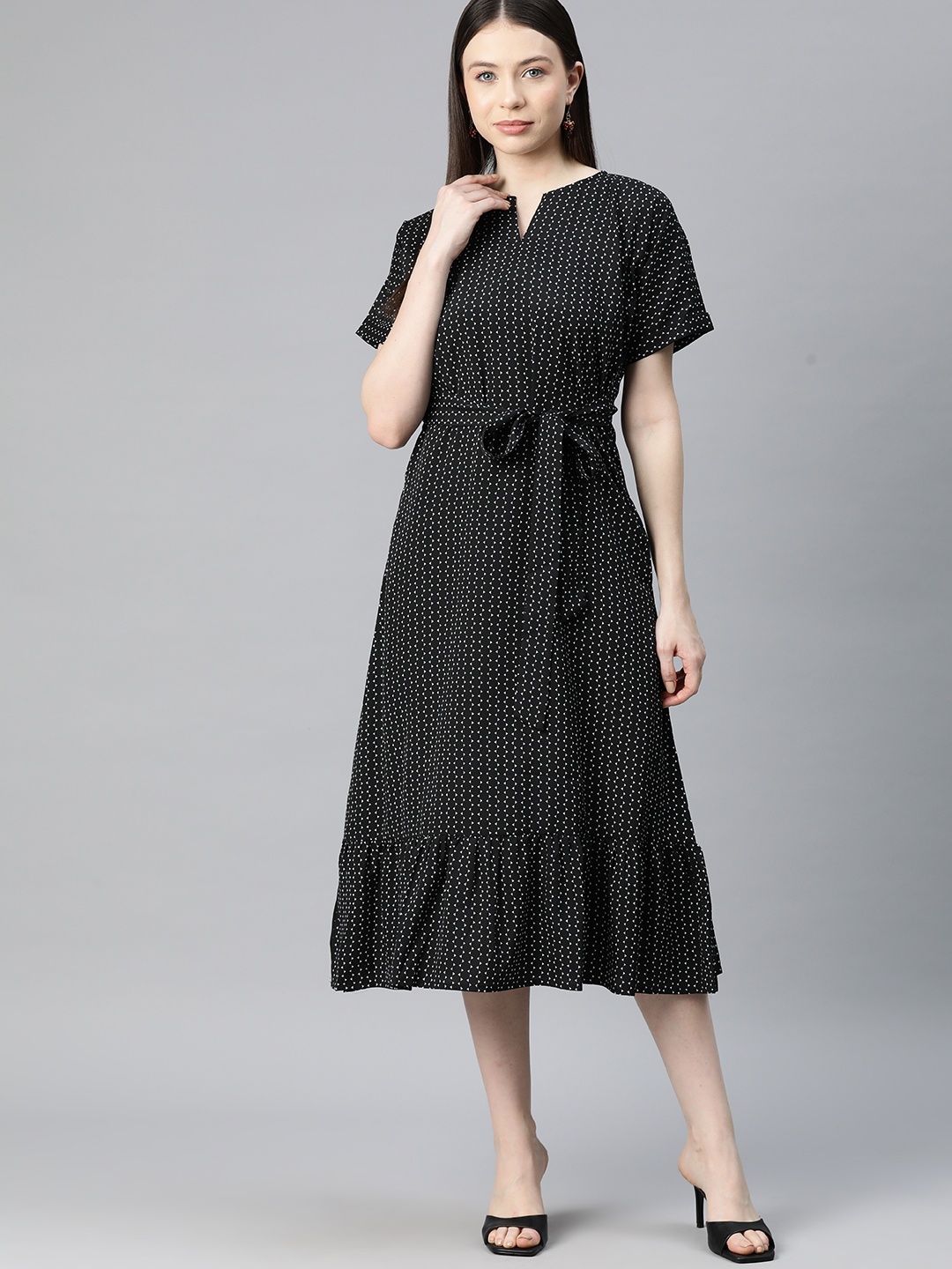 

Cottinfab Polka Dot Print Crepe A-Line Midi Dress, Black