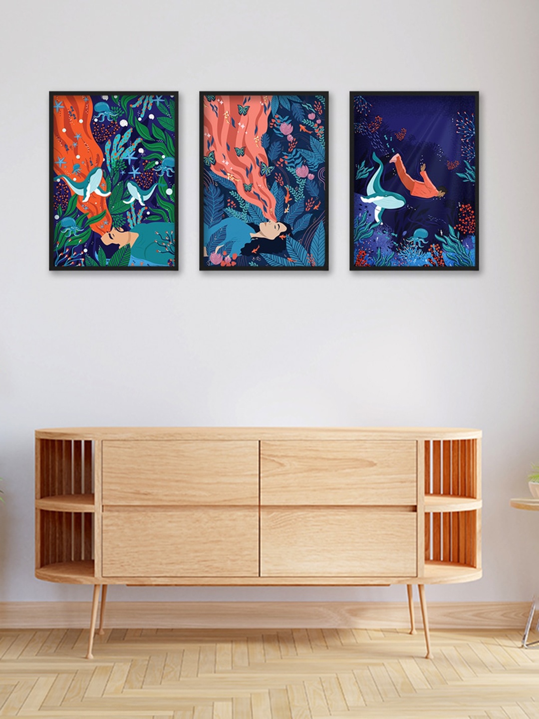 

Happening Hippo Blue 3 Pieces Abstract Painting Framed Wall Arts