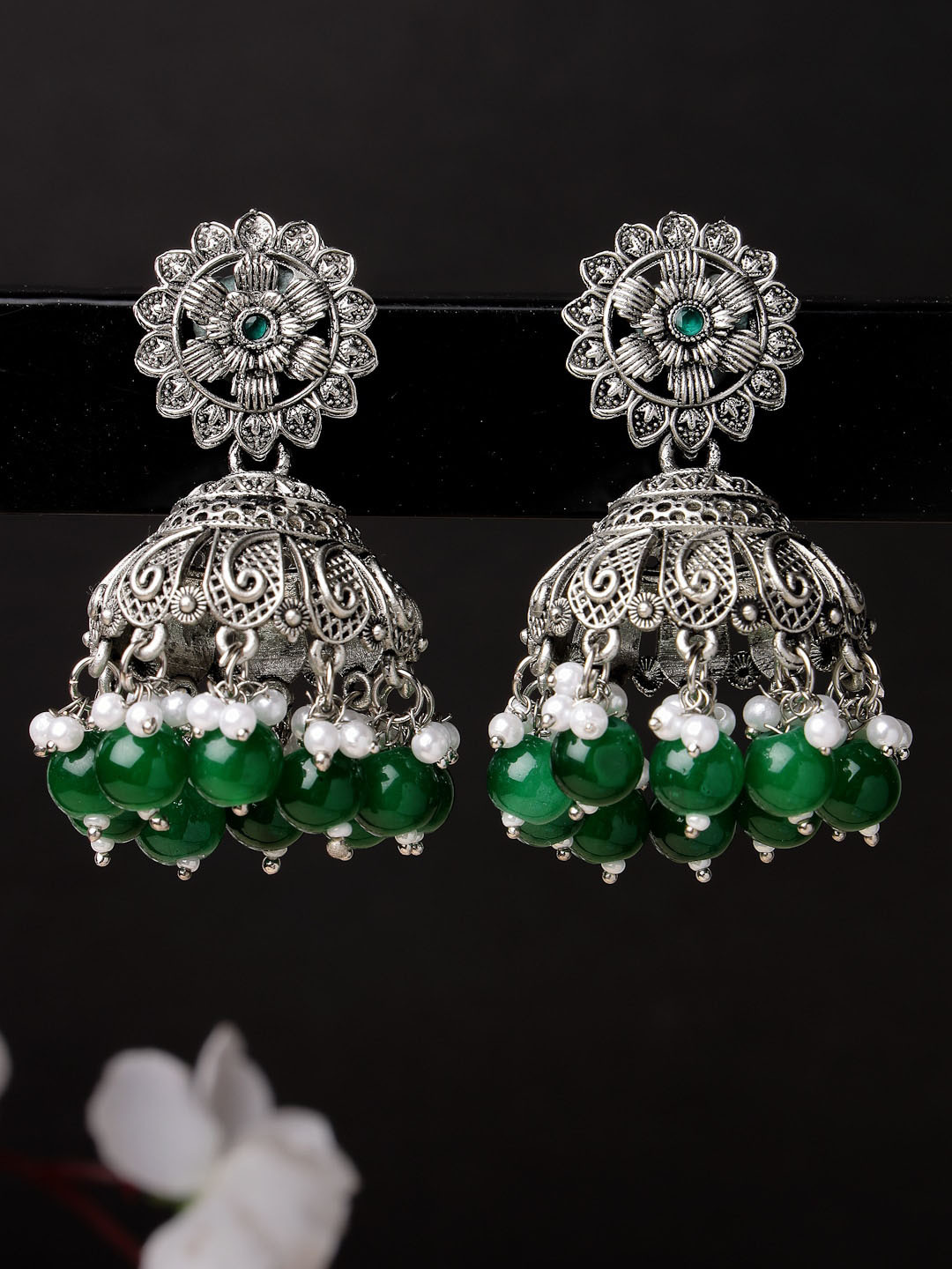 

ADIVA Silver-Plated Pearl Beaded Dome Shaped Jhumkas