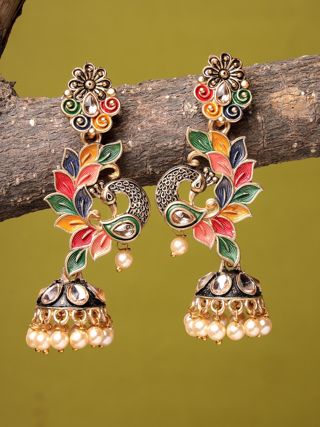 

ADIVA Gold-Plated Peacock Shaped Jhumkas Earrings
