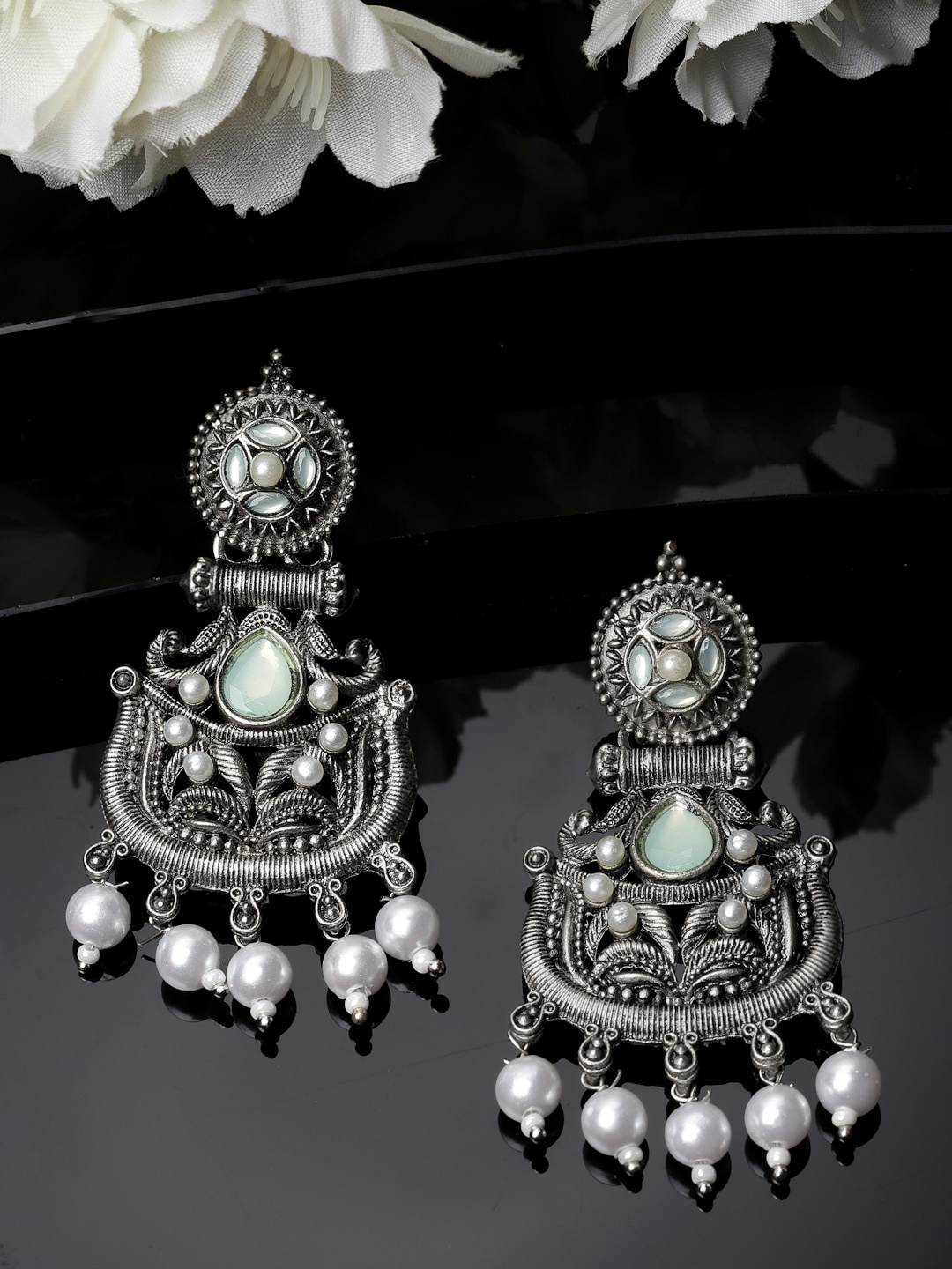 

ADIVA Oxidised Silver-Plated Stone-Studded & Pearls Peacock Shaped Drop Earrings