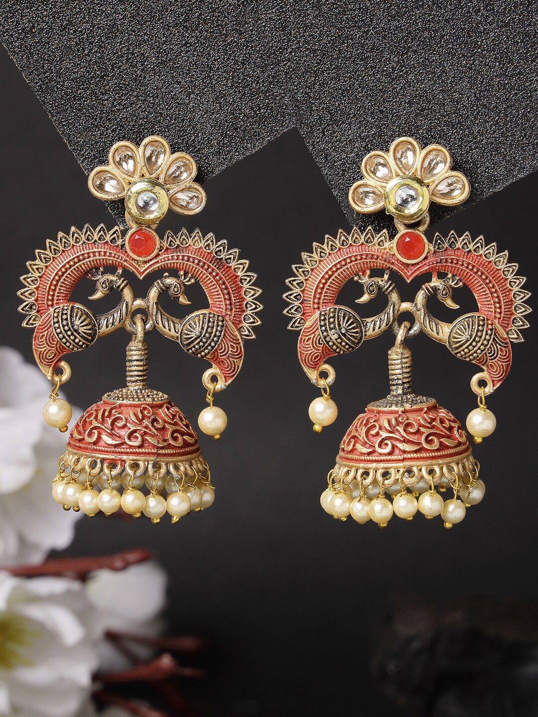

ADIVA Gold-Plated Kundan-Studded Peacock Shaped Jhumkas
