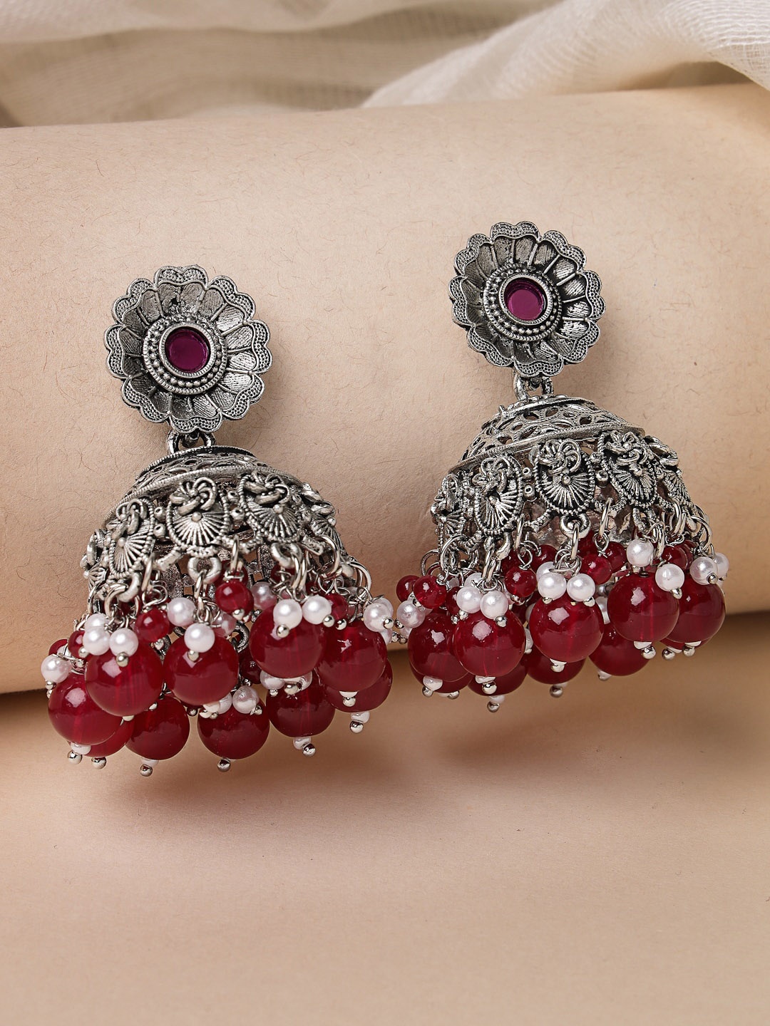 

ADIVA Silver-Plated Oxidised Pearls Floral Jhumkas Earrings