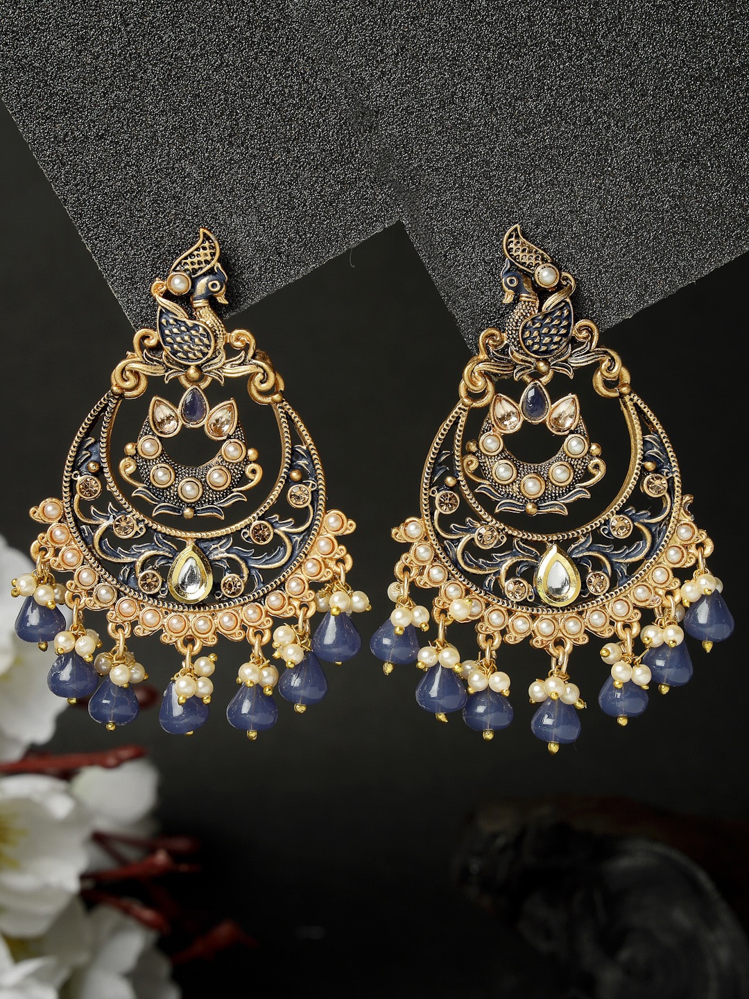 

ADIVA Gold-Plated Crescent Shaped Stone Studded & Beaded Chandbalis