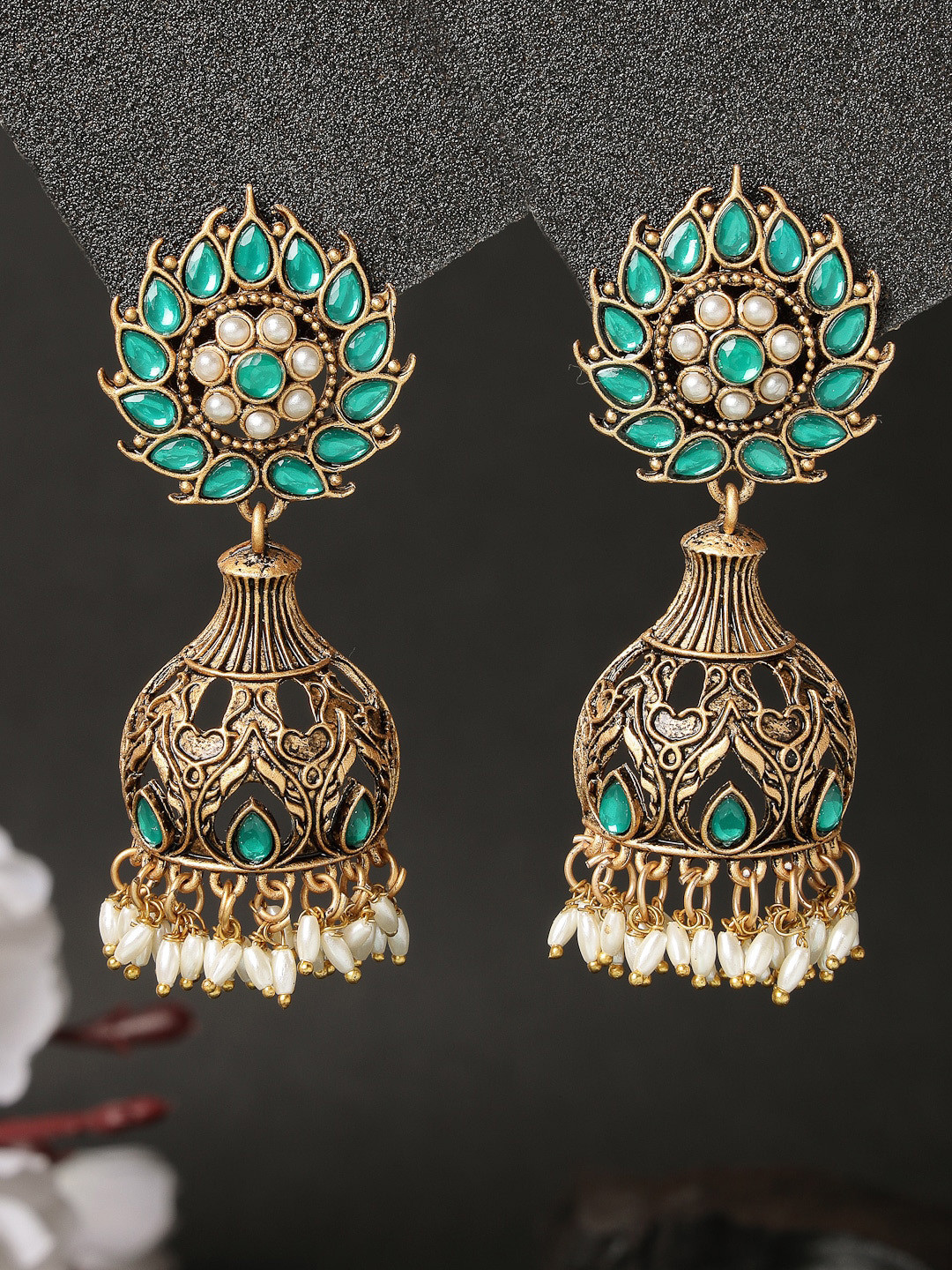 

ADIVA Gold-Plated Artificial Stones and Beads Floral Shaped Jhumka Earrings