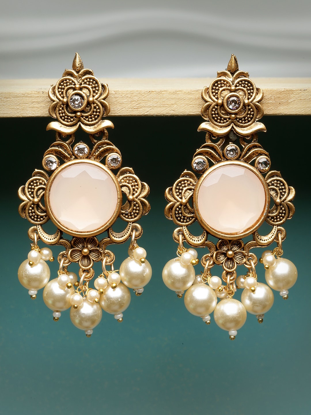 

ADIVA Gold-Plated Stone Studded & Beaded Drop Earrings