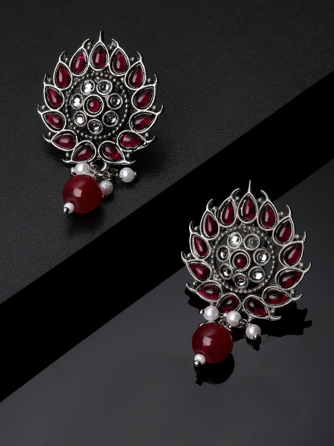 

ADIVA Silver-Plated Floral Artificial Stones and Beads Oxidised Drop Earrings