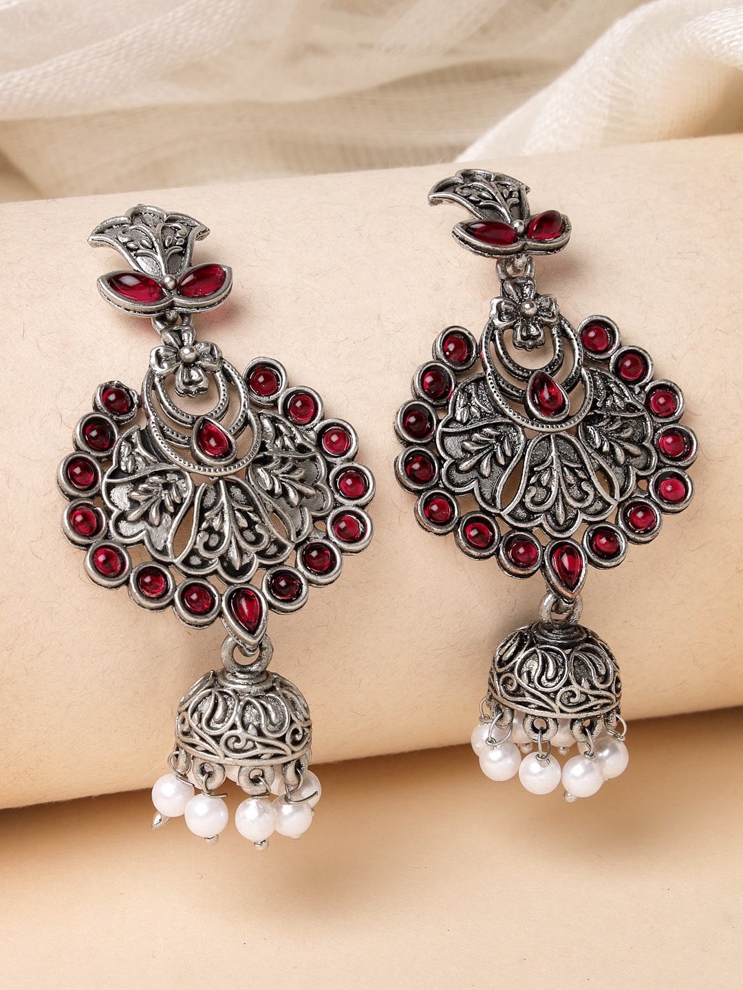 

ADIVA Silver-Plated Floral Oxidized Jhumkas Earrings