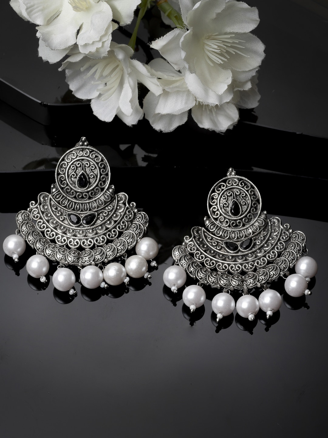 

ADIVA Silver-Plated Crescent Shaped Stone Studded & Beaded Chandbalis