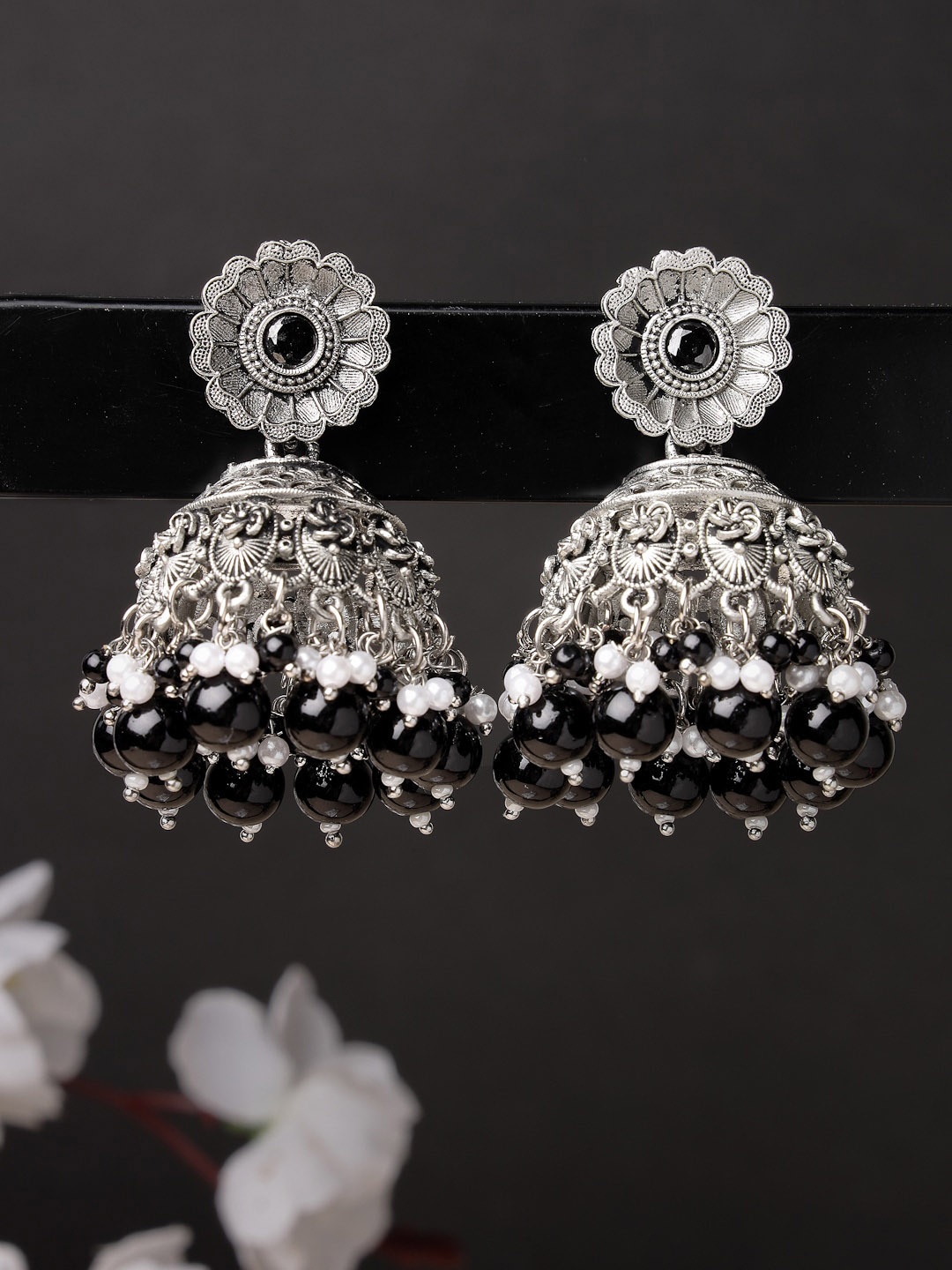 

ADIVA Silver-Plated Floral Oxidised Jhumkas