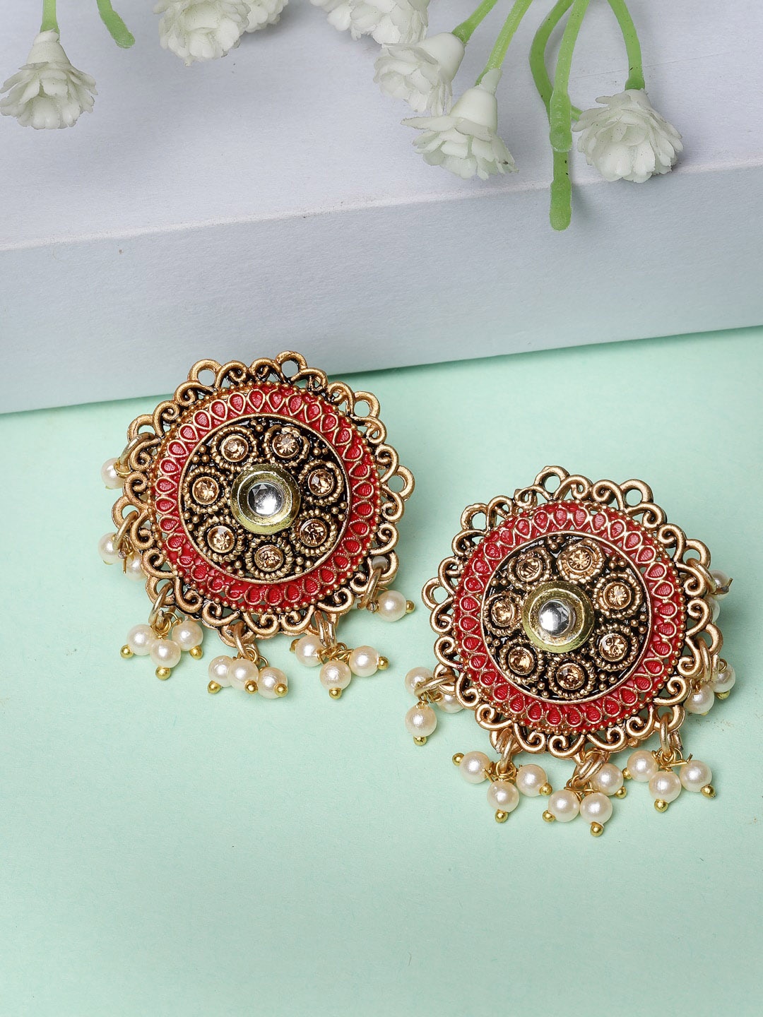 

ADIVA Gold-Plated Kundan-Studded & Pearl Circular Stud Earrings