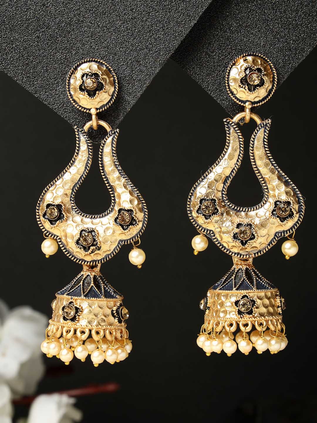 

ADIVA Gold-Plated Pearl Beaded Meenakari Dome Shaped Jhumkas