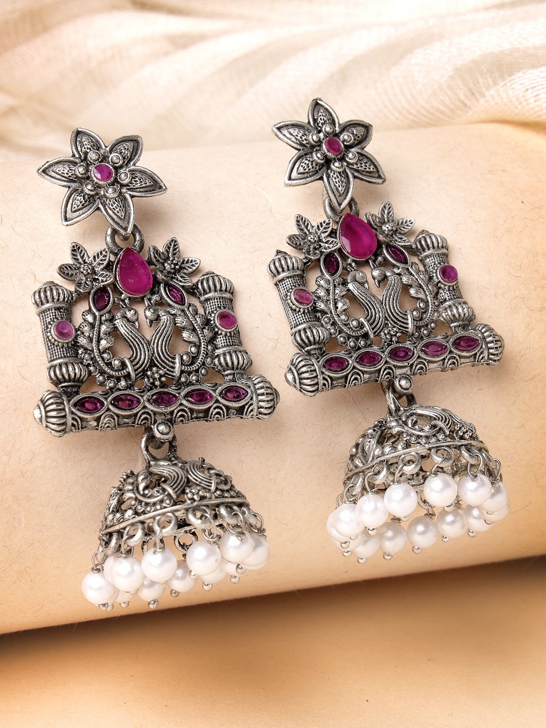 

ADIVA Silver-Plated Peacock Shaped Stone Studded & Beaded Jhumkas