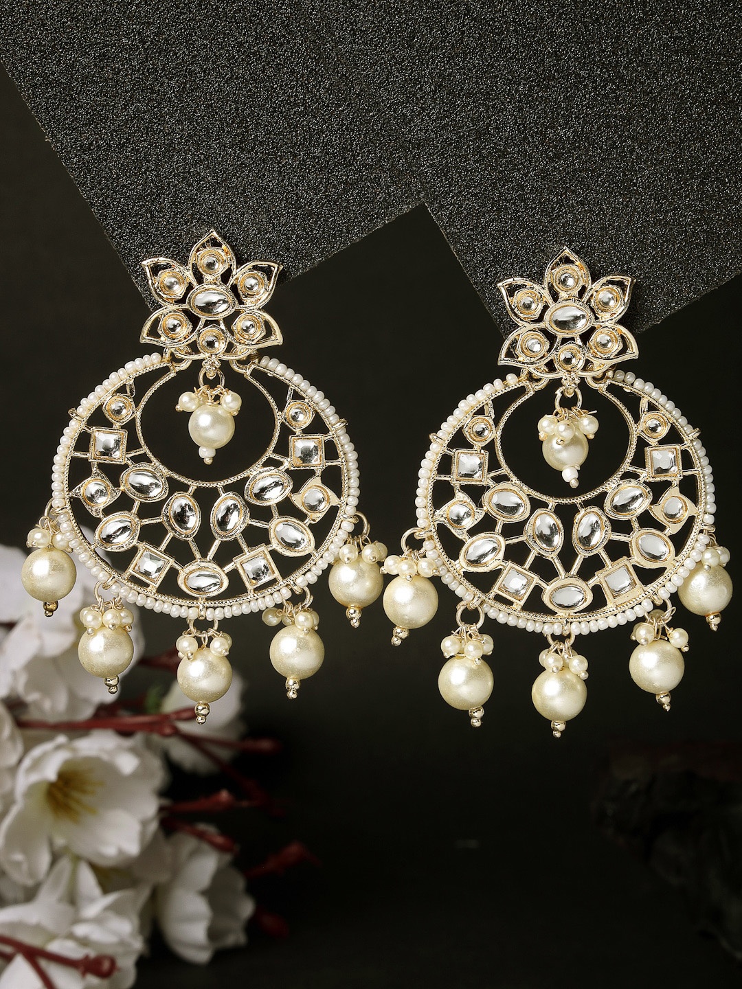 

ADIVA Gold-Plated Kundan Studded & Beaded Chandbalis Earrings