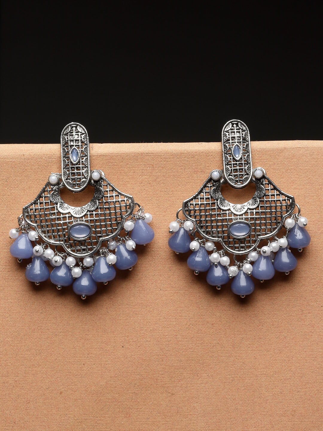 

ADIVA Silver-Plated Pearl Beaded Oxidised Classic Drop Earrings