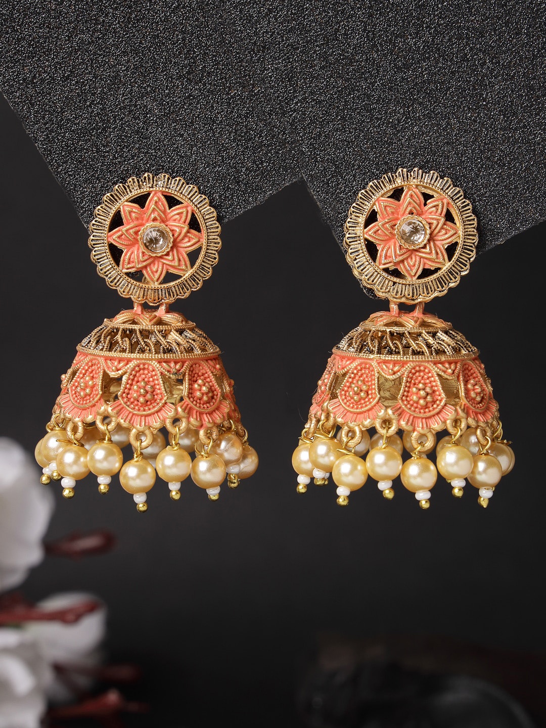 

ADIVA Gold-Plated Stone-Studded & Pearls Dome-Shaped Jhumkas