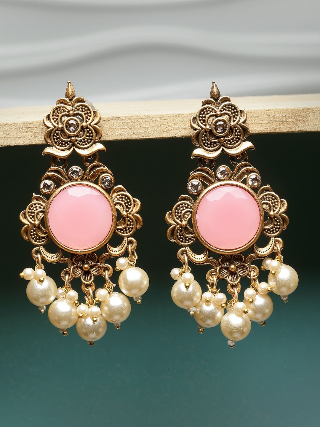 

ADIVA Gold-Plated Stone-Studded & Pearl Beaded Floral Drop Earrings