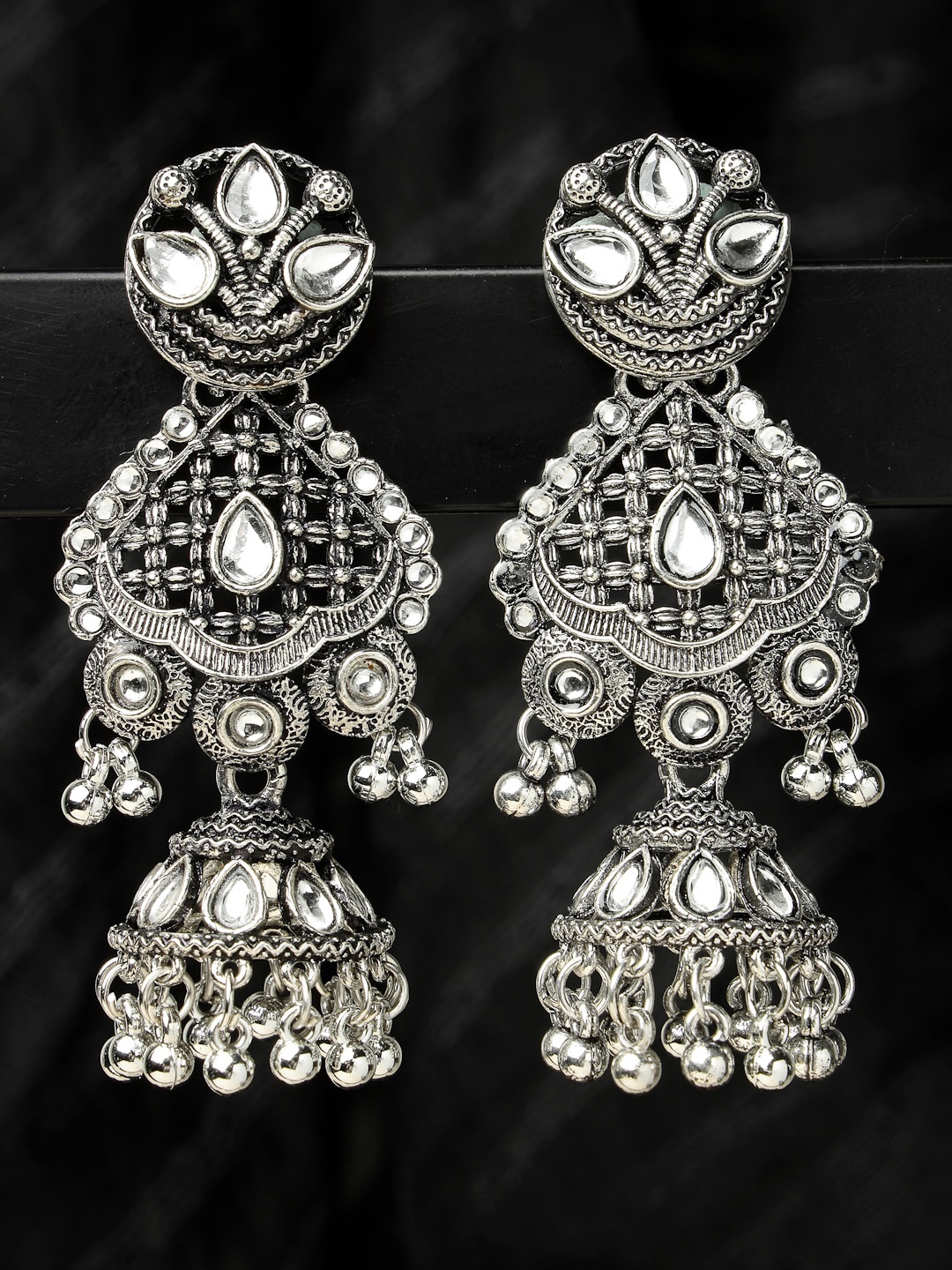 

ADIVA Silver-Plated Kundan Studded & Beade Oxidised Jhumka