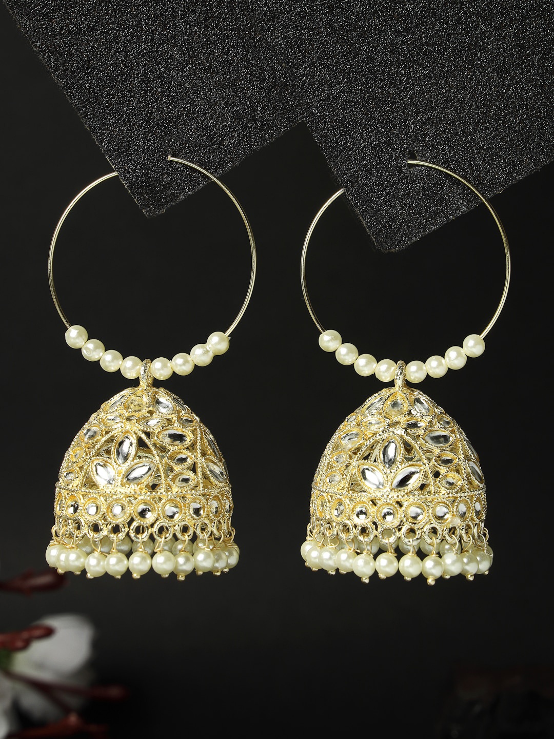 

ADIVA Gold-Plated Kundan-Studded & Pearl Beaded Dome Shaped Jhumkas