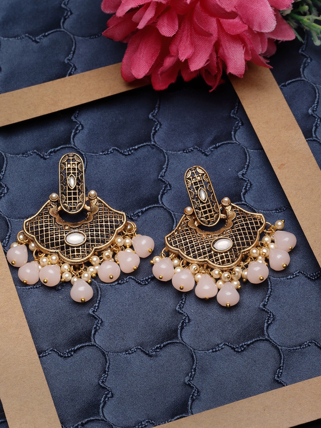 

ADIVA Gold-Plated Pearl Studded Antique Classic Drop Earrings