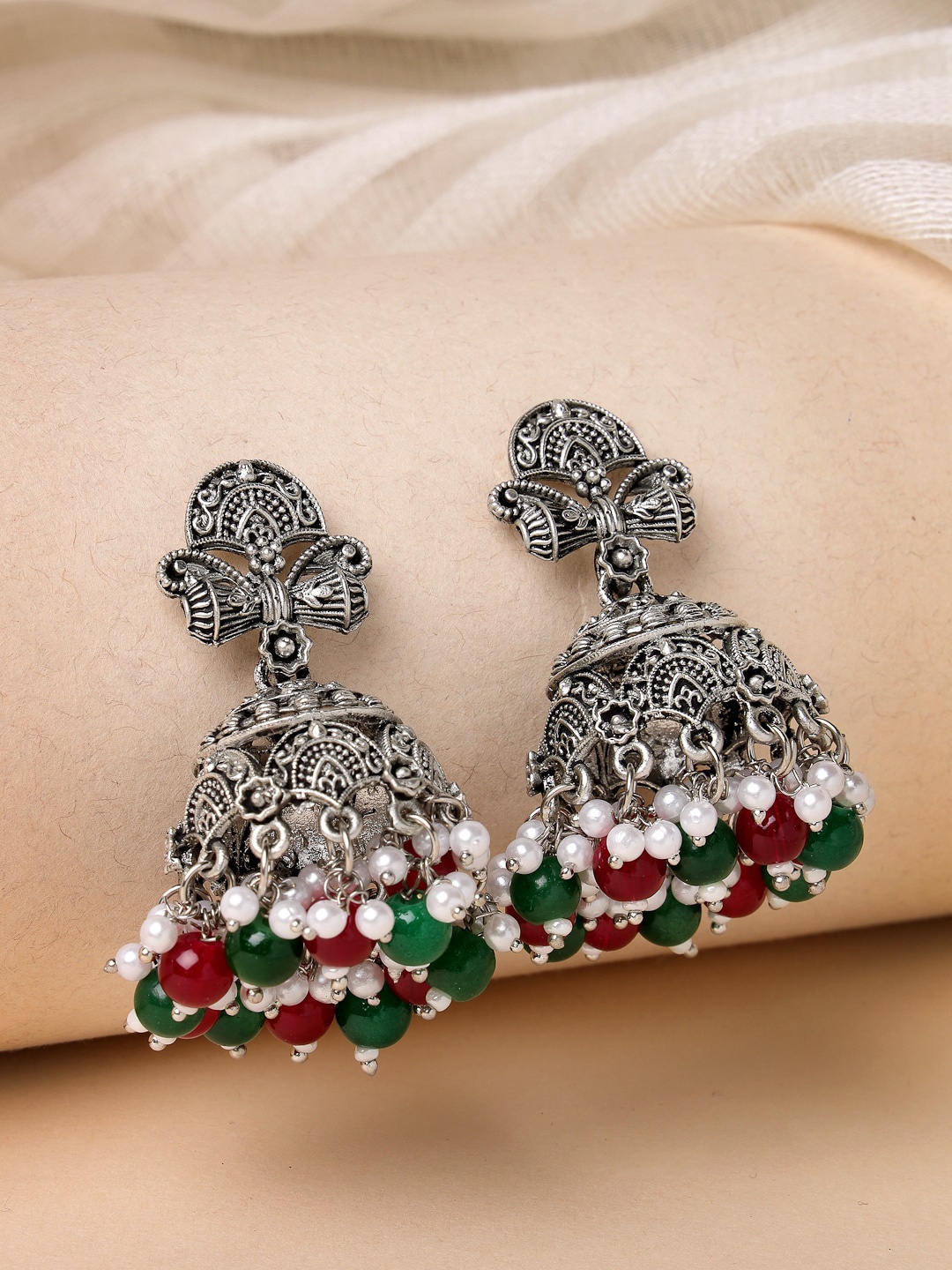 

ADIVA Oxidised Silver-Plated Peals Dome Shaped Jhumkas Earrings