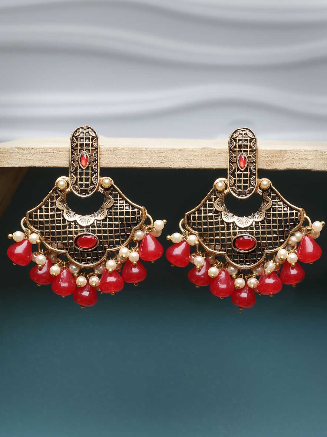 

ADIVA Gold-Plated Classic Stone Studded & Beaded Drop Earrings