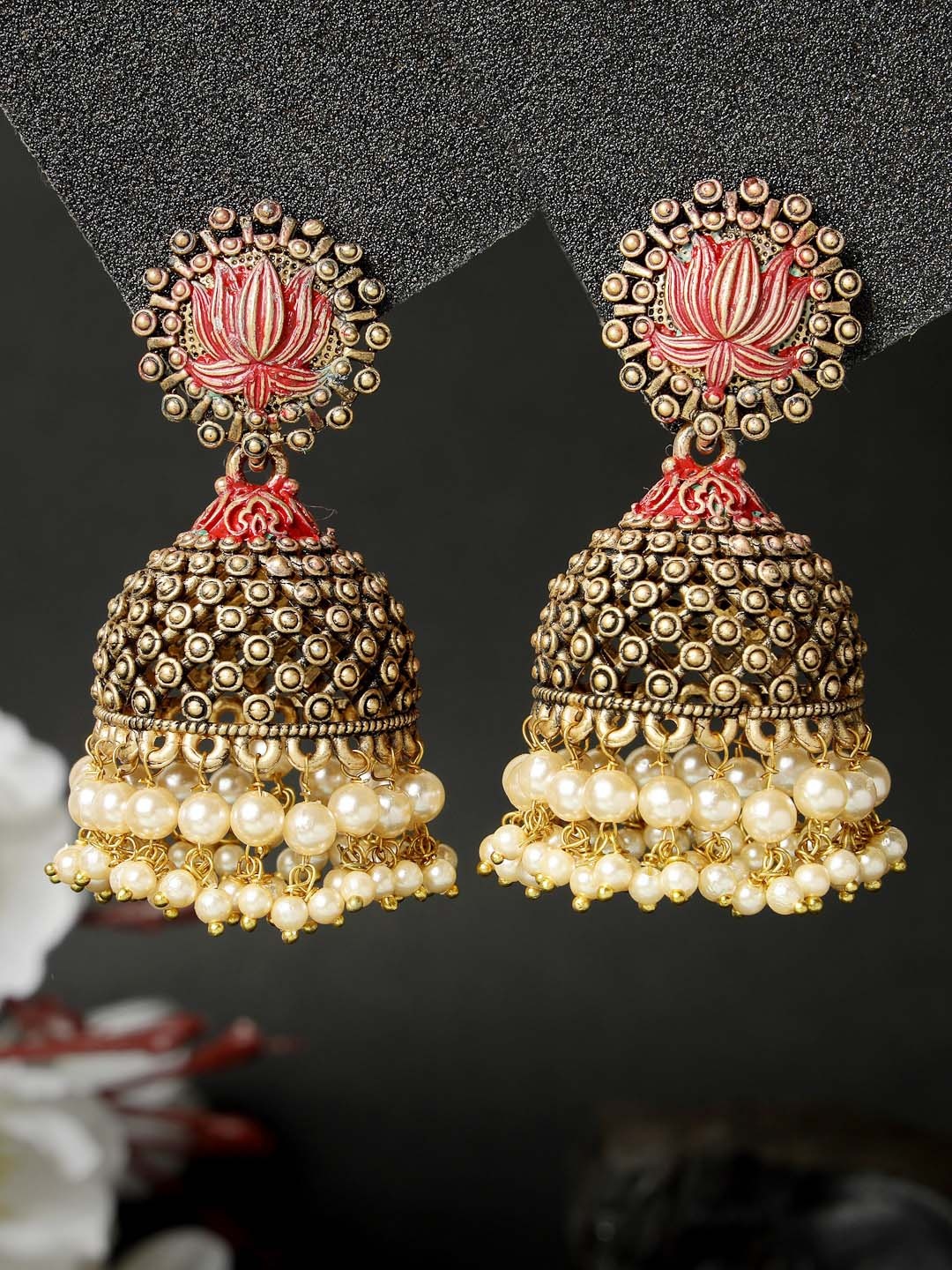 

ADIVA Gold-Plated Pearl Studded Antique Dome Shaped Jhumkas